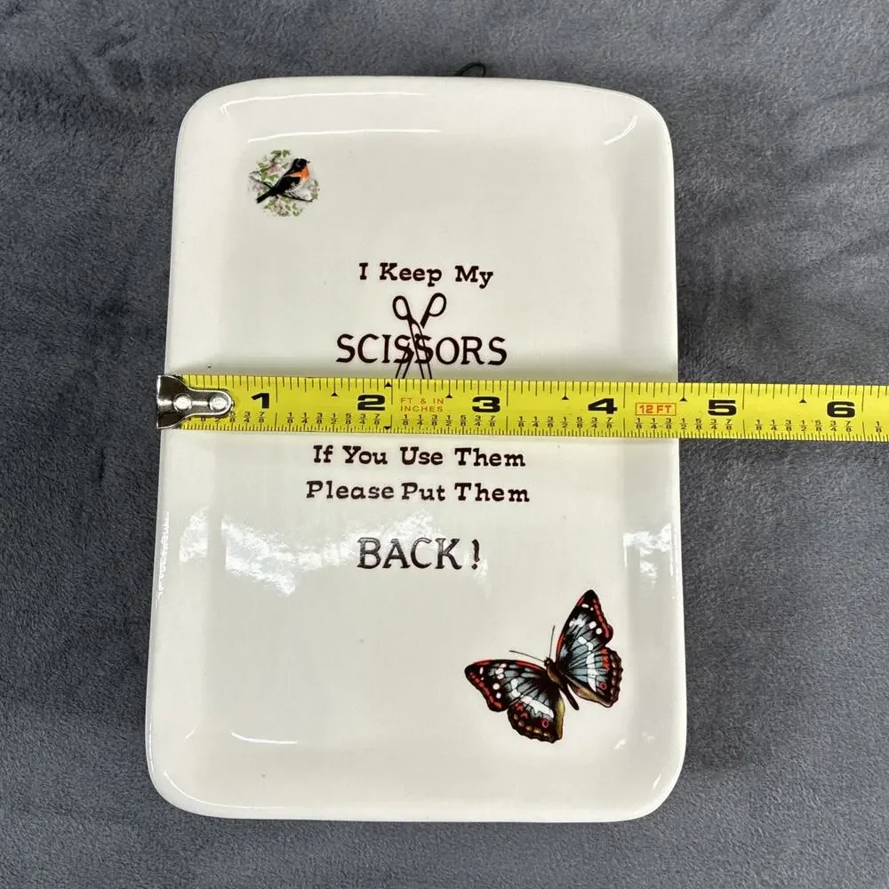 Vtg Ceramic Wall Pocket Scissors Holder Bird and Butterfly Design 6.5